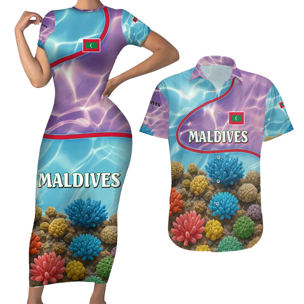 Maldives Coral Reef Ocean Print Couples Matching Short Sleeve Bodycon Dress and Hawaiian Shirt with Underwater Pastel Blue and Purple Design