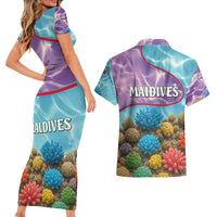 Maldives Coral Reef Ocean Print Couples Matching Short Sleeve Bodycon Dress and Hawaiian Shirt with Underwater Pastel Blue and Purple Design