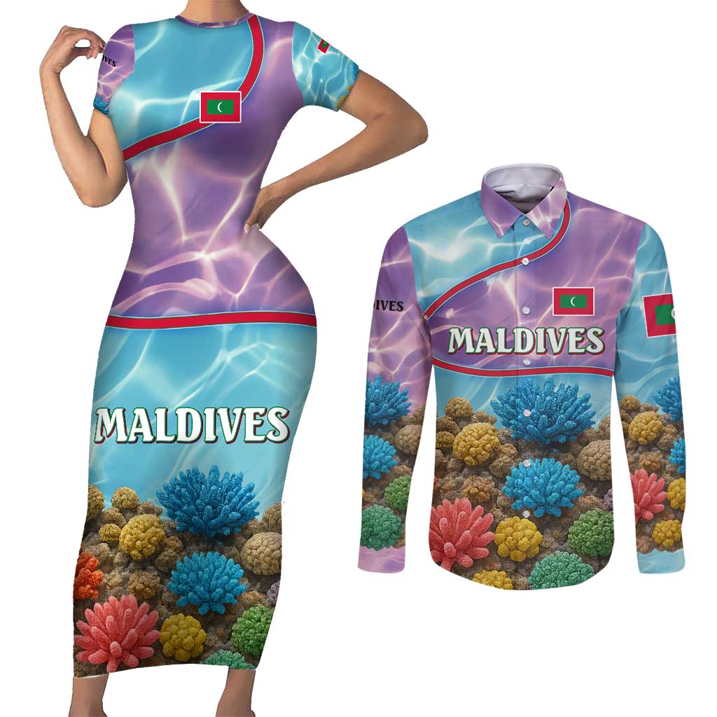 Maldives Coral Reef Ocean Print Couples Matching Short Sleeve Bodycon Dress and Long Sleeve Button Shirt with Underwater Pastel Blue and Purple Design
