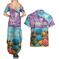 Maldives Coral Reef Ocean Print Couples Matching Summer Maxi Dress and Hawaiian Shirt with Underwater Pastel Blue and Purple Design