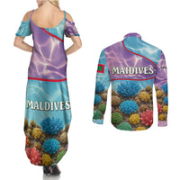 Maldives Coral Reef Ocean Print Couples Matching Summer Maxi Dress and Long Sleeve Button Shirt with Underwater Pastel Blue and Purple Design