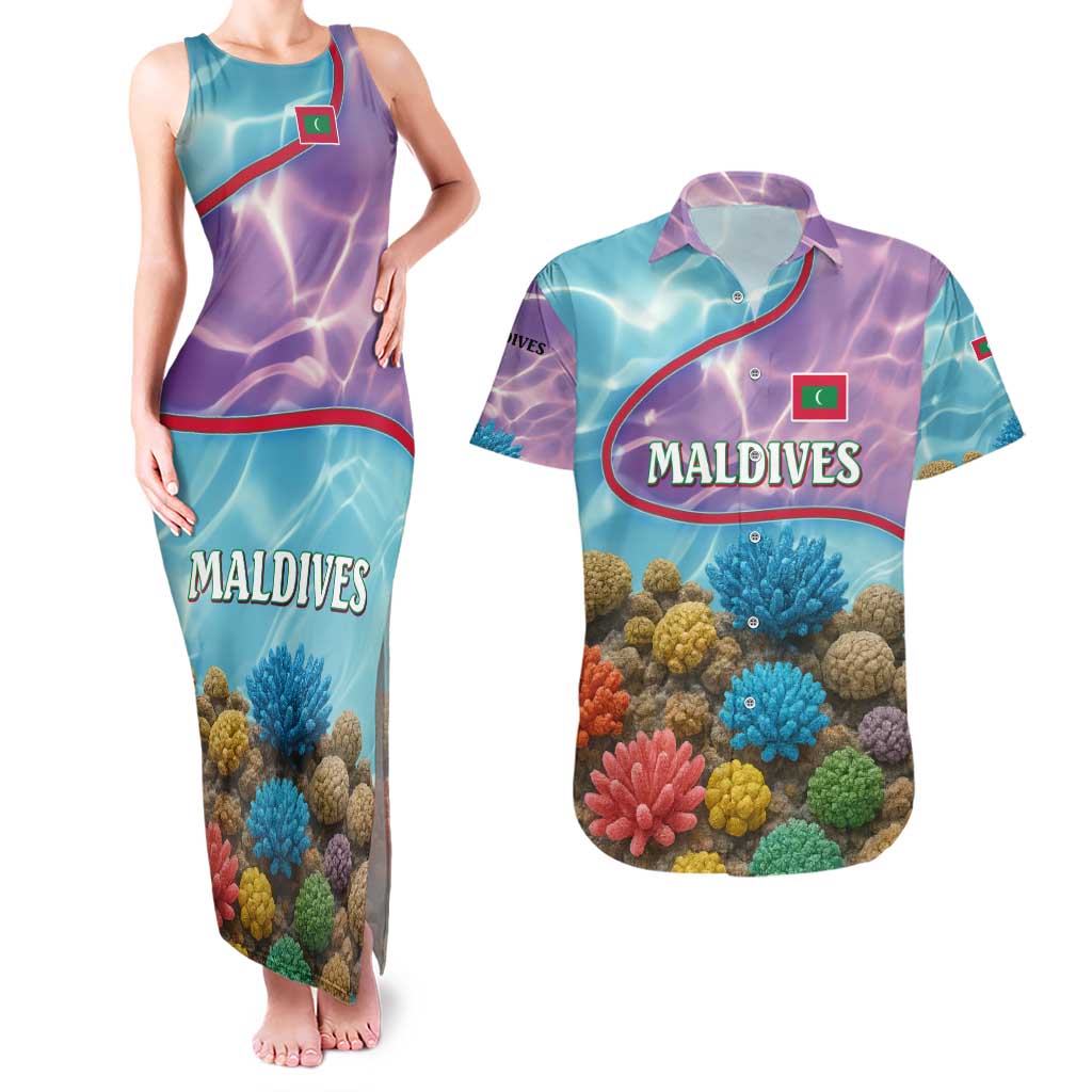 Maldives Coral Reef Ocean Print Couples Matching Tank Maxi Dress and Hawaiian Shirt with Underwater Pastel Blue and Purple Design