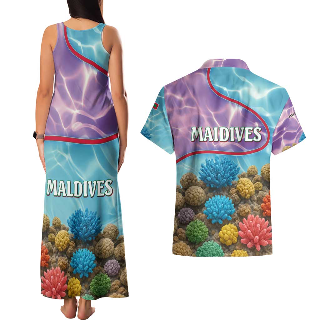 Maldives Coral Reef Ocean Print Couples Matching Tank Maxi Dress and Hawaiian Shirt with Underwater Pastel Blue and Purple Design