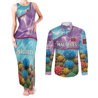 Maldives Coral Reef Ocean Print Couples Matching Tank Maxi Dress and Long Sleeve Button Shirt with Underwater Pastel Blue and Purple Design