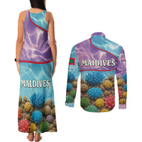 Maldives Coral Reef Ocean Print Couples Matching Tank Maxi Dress and Long Sleeve Button Shirt with Underwater Pastel Blue and Purple Design