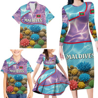 Maldives Coral Reef Ocean Print Family Matching Long Sleeve Bodycon Dress and Hawaiian Shirt with Underwater Pastel Blue and Purple Design