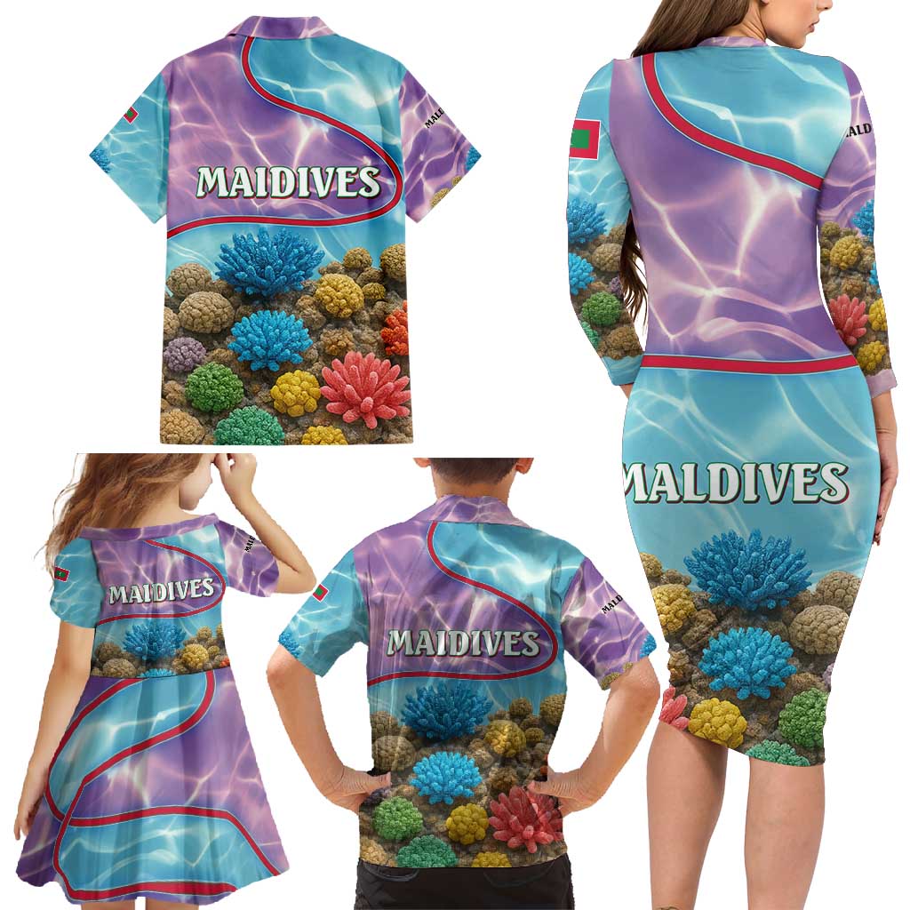 Maldives Coral Reef Ocean Print Family Matching Long Sleeve Bodycon Dress and Hawaiian Shirt with Underwater Pastel Blue and Purple Design