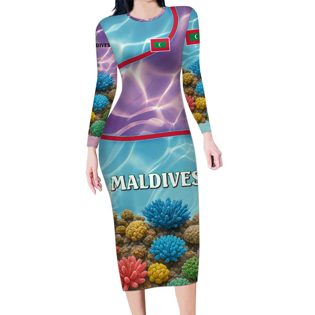 Maldives Coral Reef Ocean Print Family Matching Long Sleeve Bodycon Dress and Hawaiian Shirt with Underwater Pastel Blue and Purple Design