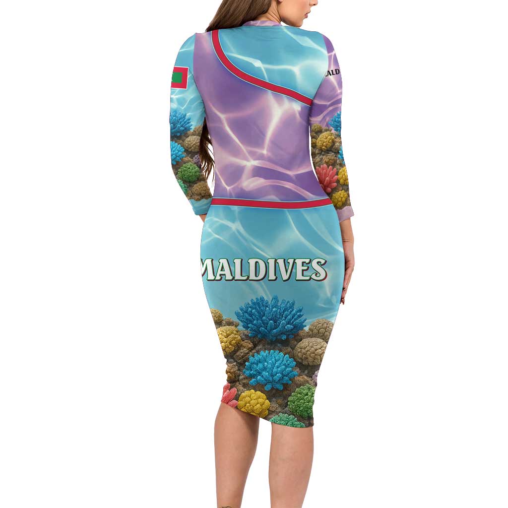 Maldives Coral Reef Ocean Print Family Matching Long Sleeve Bodycon Dress and Hawaiian Shirt with Underwater Pastel Blue and Purple Design