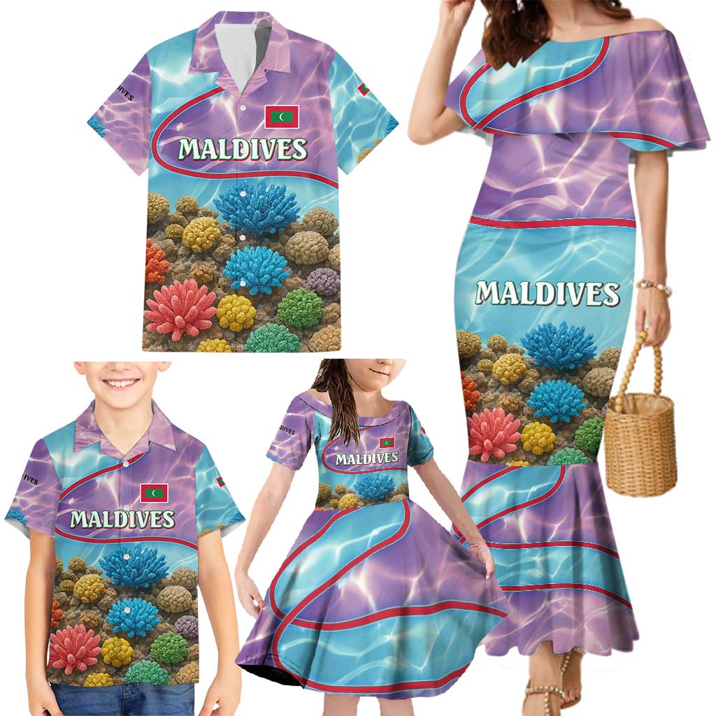 Maldives Coral Reef Ocean Print Family Matching Mermaid Dress and Hawaiian Shirt with Underwater Pastel Blue and Purple Design