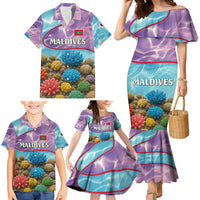 Maldives Coral Reef Ocean Print Family Matching Mermaid Dress and Hawaiian Shirt with Underwater Pastel Blue and Purple Design