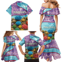 Maldives Coral Reef Ocean Print Family Matching Mermaid Dress and Hawaiian Shirt with Underwater Pastel Blue and Purple Design