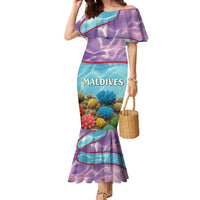Maldives Coral Reef Ocean Print Family Matching Mermaid Dress and Hawaiian Shirt with Underwater Pastel Blue and Purple Design