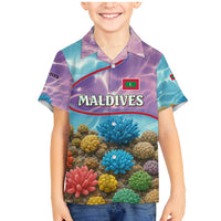 Maldives Coral Reef Ocean Print Family Matching Mermaid Dress and Hawaiian Shirt with Underwater Pastel Blue and Purple Design