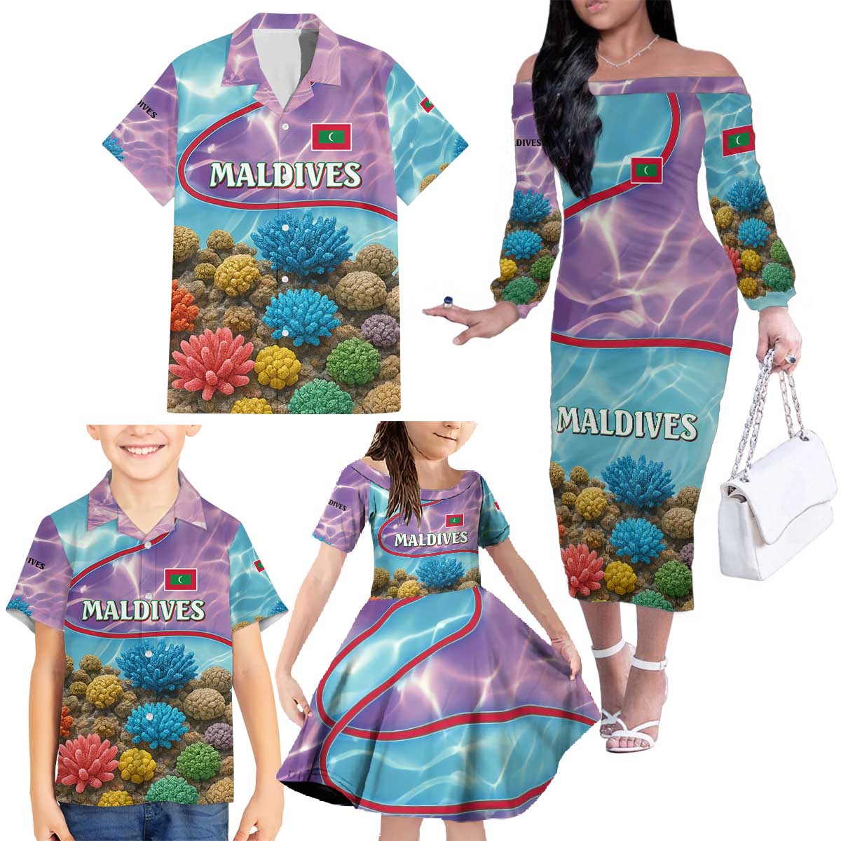 Maldives Coral Reef Ocean Print Family Matching Off The Shoulder Long Sleeve Dress and Hawaiian Shirt with Underwater Pastel Blue and Purple Design