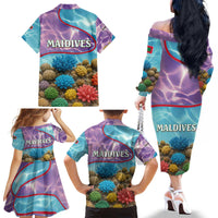 Maldives Coral Reef Ocean Print Family Matching Off The Shoulder Long Sleeve Dress and Hawaiian Shirt with Underwater Pastel Blue and Purple Design