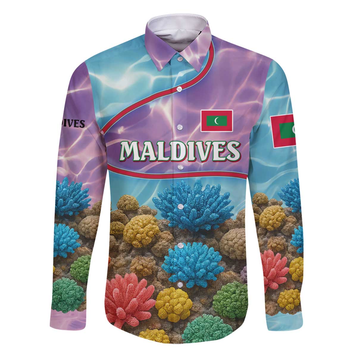 Maldives Coral Reef Ocean Print Family Matching Off The Shoulder Long Sleeve Dress and Hawaiian Shirt with Underwater Pastel Blue and Purple Design