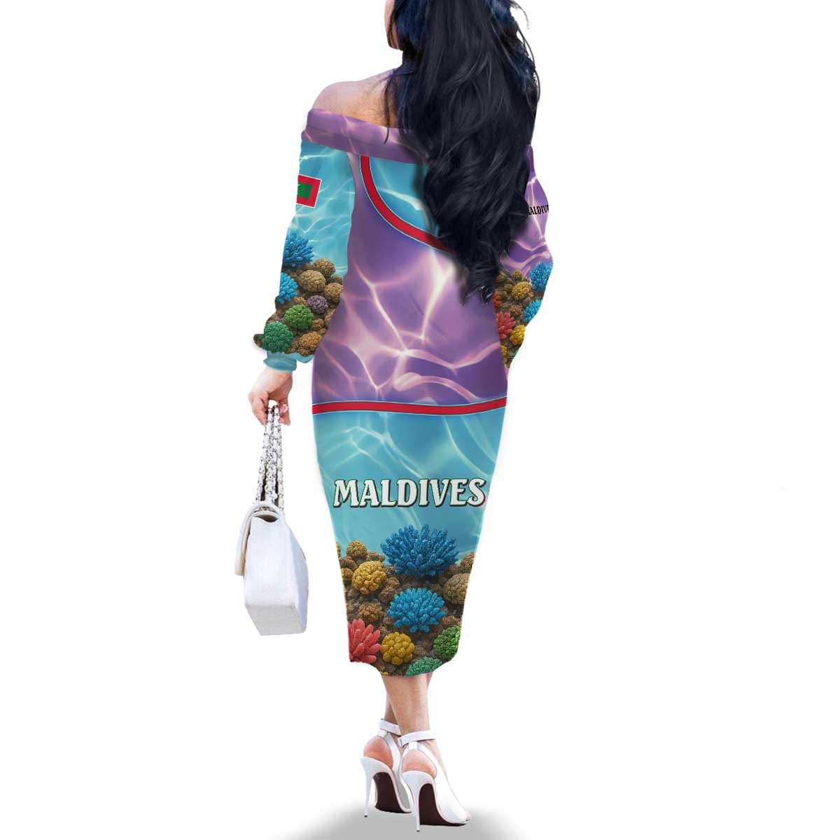 Maldives Coral Reef Ocean Print Family Matching Off The Shoulder Long Sleeve Dress and Hawaiian Shirt with Underwater Pastel Blue and Purple Design