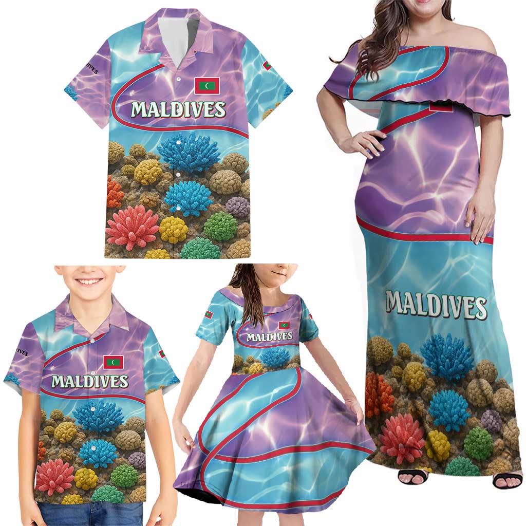 Maldives Coral Reef Ocean Print Family Matching Off Shoulder Maxi Dress and Hawaiian Shirt with Underwater Pastel Blue and Purple Design