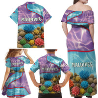 Maldives Coral Reef Ocean Print Family Matching Off Shoulder Maxi Dress and Hawaiian Shirt with Underwater Pastel Blue and Purple Design