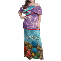 Maldives Coral Reef Ocean Print Family Matching Off Shoulder Maxi Dress and Hawaiian Shirt with Underwater Pastel Blue and Purple Design