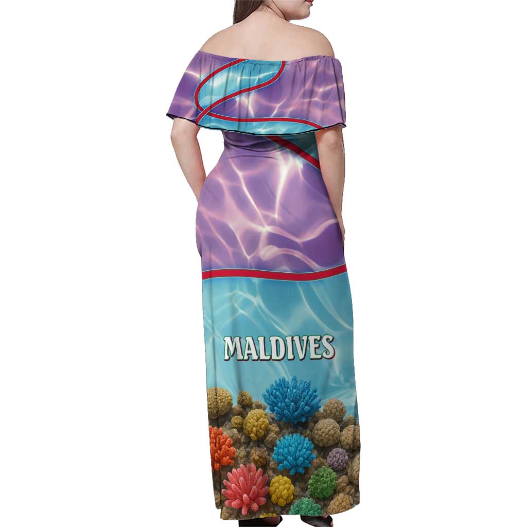 Maldives Coral Reef Ocean Print Family Matching Off Shoulder Maxi Dress and Hawaiian Shirt with Underwater Pastel Blue and Purple Design