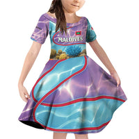 Maldives Coral Reef Ocean Print Family Matching Off Shoulder Short Dress and Hawaiian Shirt with Underwater Pastel Blue and Purple Design