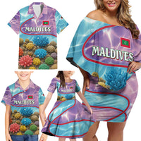 Maldives Coral Reef Ocean Print Family Matching Off Shoulder Short Dress and Hawaiian Shirt with Underwater Pastel Blue and Purple Design