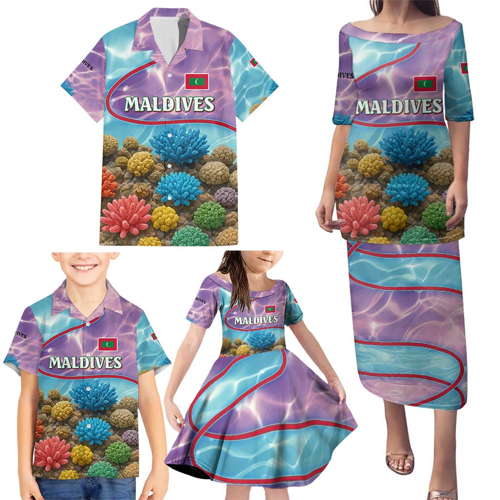 Maldives Coral Reef Ocean Print Family Matching Puletasi and Hawaiian Shirt with Underwater Pastel Blue and Purple Design
