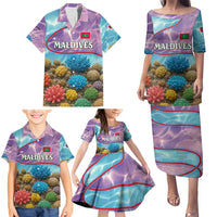 Maldives Coral Reef Ocean Print Family Matching Puletasi and Hawaiian Shirt with Underwater Pastel Blue and Purple Design