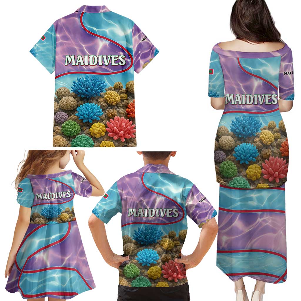 Maldives Coral Reef Ocean Print Family Matching Puletasi and Hawaiian Shirt with Underwater Pastel Blue and Purple Design