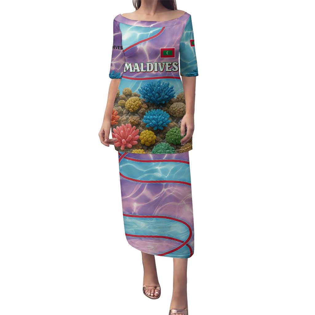 Maldives Coral Reef Ocean Print Family Matching Puletasi and Hawaiian Shirt with Underwater Pastel Blue and Purple Design