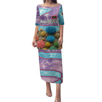 Maldives Coral Reef Ocean Print Family Matching Puletasi and Hawaiian Shirt with Underwater Pastel Blue and Purple Design