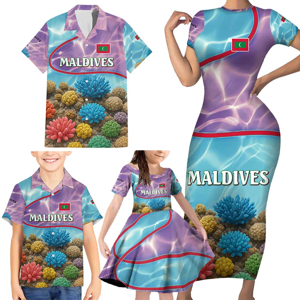 Maldives Coral Reef Ocean Print Family Matching Short Sleeve Bodycon Dress and Hawaiian Shirt with Underwater Pastel Blue and Purple Design
