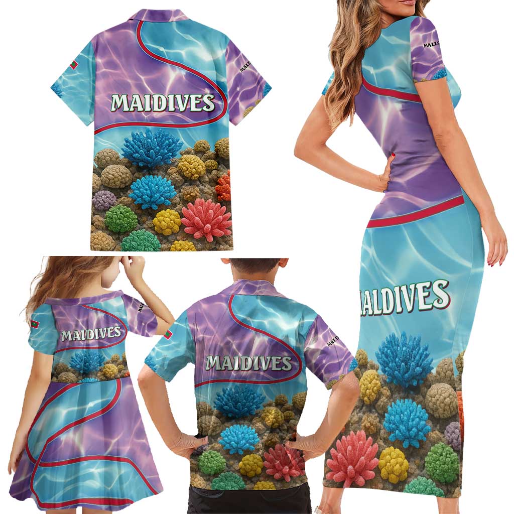 Maldives Coral Reef Ocean Print Family Matching Short Sleeve Bodycon Dress and Hawaiian Shirt with Underwater Pastel Blue and Purple Design