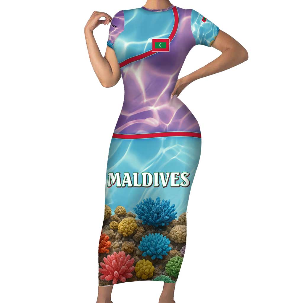 Maldives Coral Reef Ocean Print Family Matching Short Sleeve Bodycon Dress and Hawaiian Shirt with Underwater Pastel Blue and Purple Design