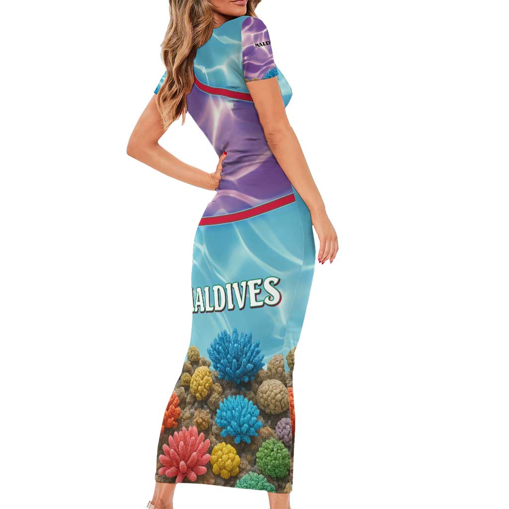 Maldives Coral Reef Ocean Print Family Matching Short Sleeve Bodycon Dress and Hawaiian Shirt with Underwater Pastel Blue and Purple Design