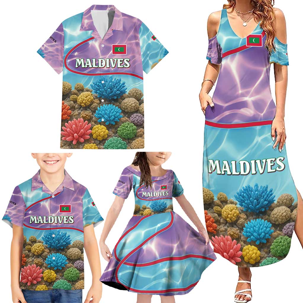 Maldives Coral Reef Ocean Print Family Matching Summer Maxi Dress and Hawaiian Shirt with Underwater Pastel Blue and Purple Design