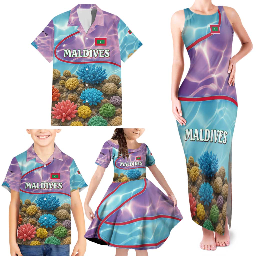 Maldives Coral Reef Ocean Print Family Matching Tank Maxi Dress and Hawaiian Shirt with Underwater Pastel Blue and Purple Design
