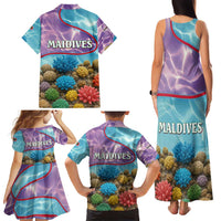 Maldives Coral Reef Ocean Print Family Matching Tank Maxi Dress and Hawaiian Shirt with Underwater Pastel Blue and Purple Design
