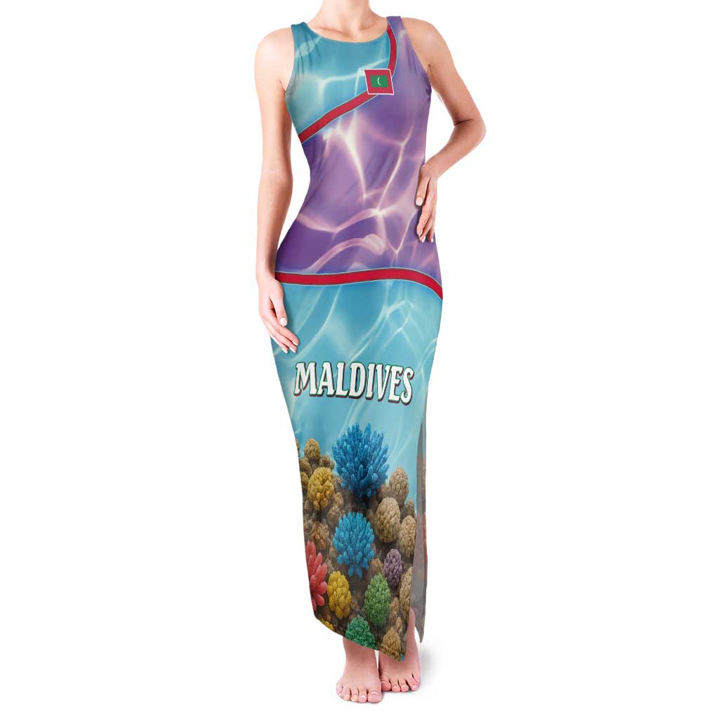 Maldives Coral Reef Ocean Print Family Matching Tank Maxi Dress and Hawaiian Shirt with Underwater Pastel Blue and Purple Design