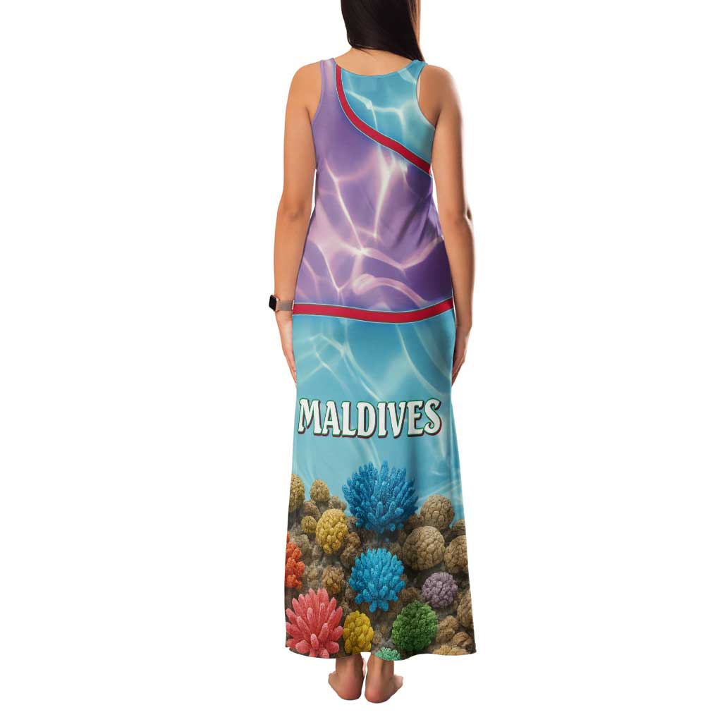 Maldives Coral Reef Ocean Print Family Matching Tank Maxi Dress and Hawaiian Shirt with Underwater Pastel Blue and Purple Design