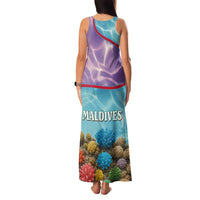 Maldives Coral Reef Ocean Print Family Matching Tank Maxi Dress and Hawaiian Shirt with Underwater Pastel Blue and Purple Design