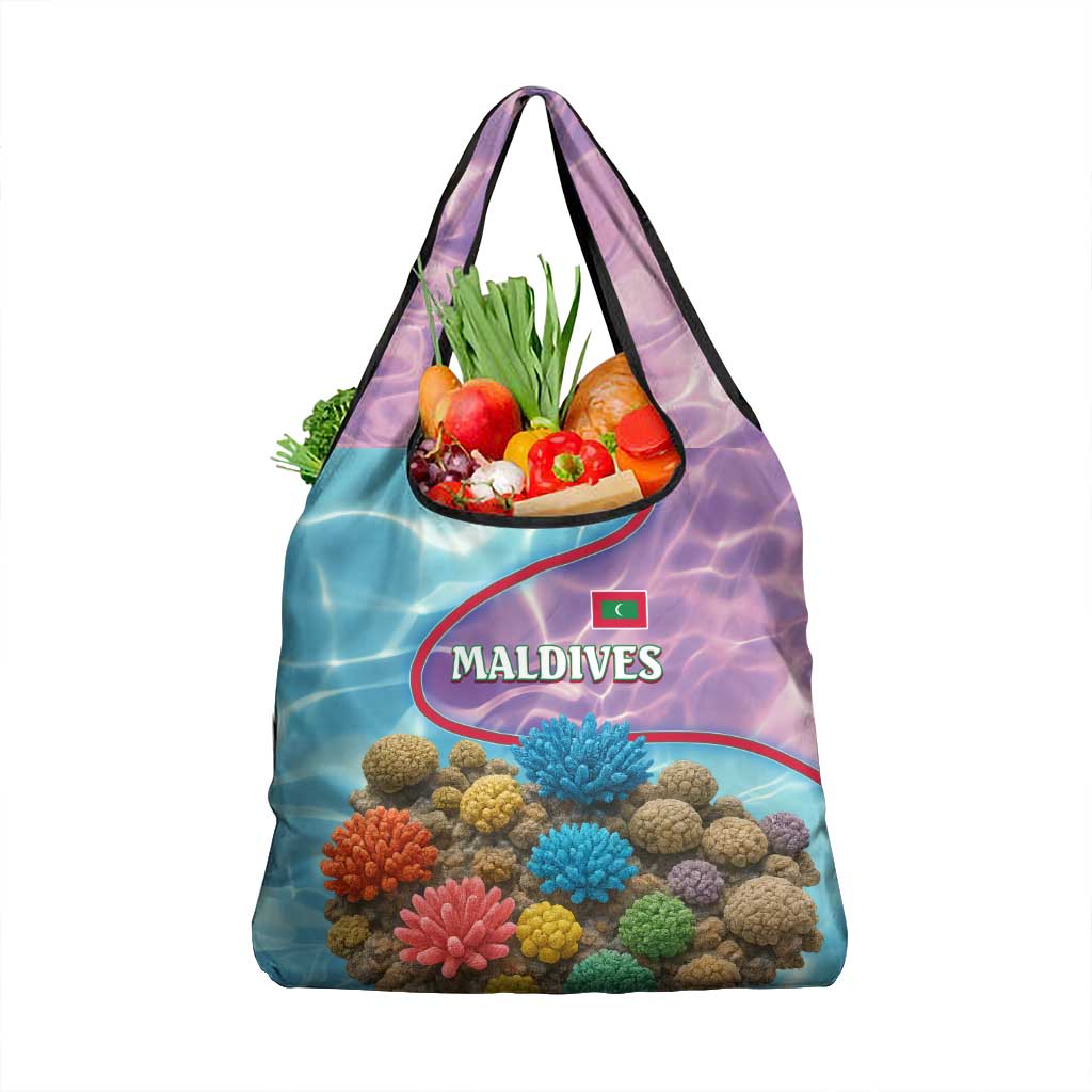 Maldives Coral Reef Ocean Print Grocery Bag with Underwater Pastel Blue and Purple Design