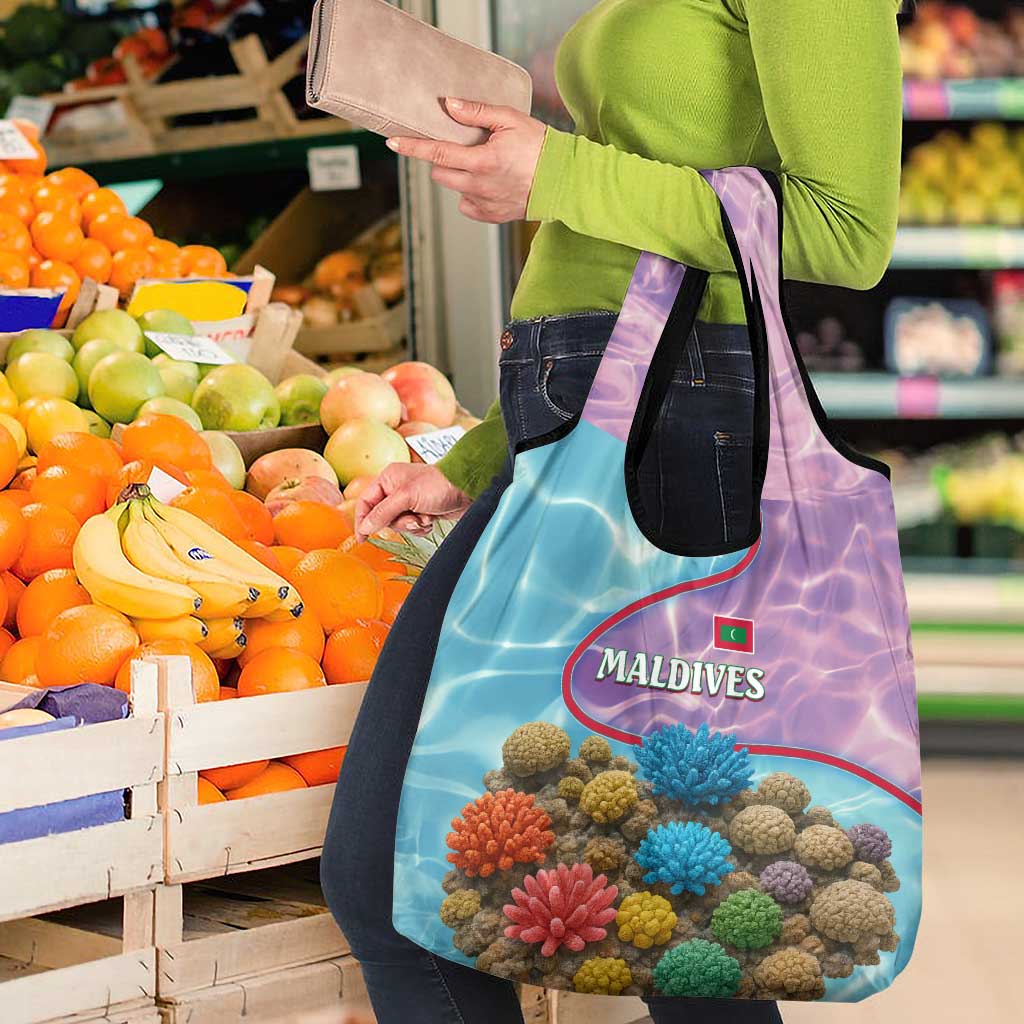 Maldives Coral Reef Ocean Print Grocery Bag with Underwater Pastel Blue and Purple Design