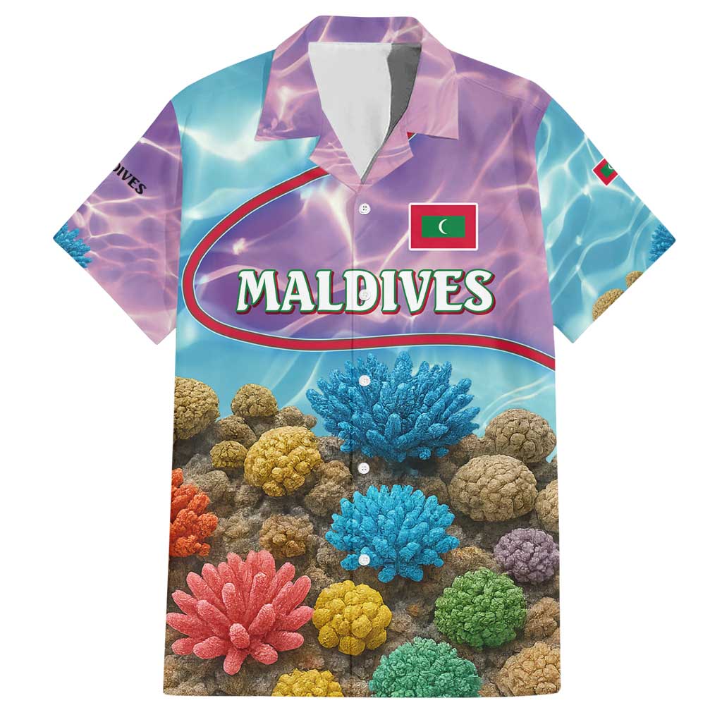 Maldives Coral Reef Ocean Print Hawaiian Shirt with Underwater Pastel Blue and Purple Design