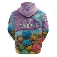 Maldives Coral Reef Ocean Print Hoodie with Underwater Pastel Blue and Purple Design