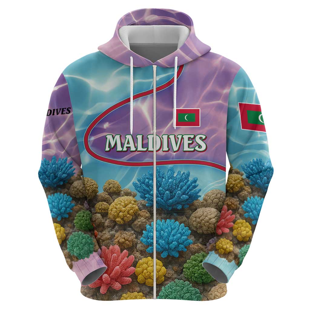 Maldives Coral Reef Ocean Print Hoodie with Underwater Pastel Blue and Purple Design