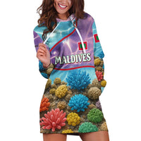 Maldives Coral Reef Ocean Print Hoodie Dress with Underwater Pastel Blue and Purple Design