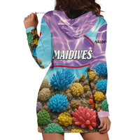 Maldives Coral Reef Ocean Print Hoodie Dress with Underwater Pastel Blue and Purple Design